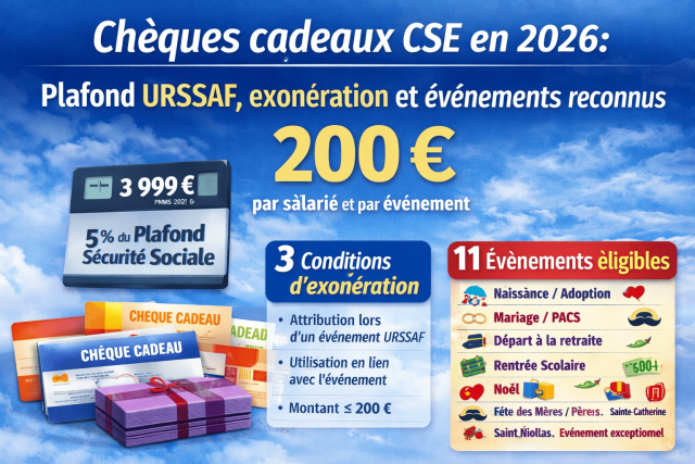 Chèques cadeaux CSE 2026 expliqué Chèques cadeaux CSE et URSSAF 2026 : plafond, exonération et événements