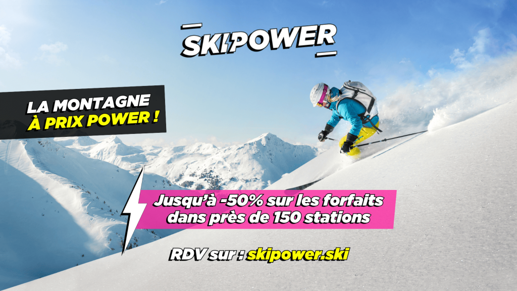 Skipower CSE : visuel Skipower annonçant jusqu’à -50 % sur les forfaits dans près de 150 stations